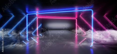 Smoke Virtual Glossy Modern Futuristic Sci Fi Dark Grunge Concrete Room With Purple And Blue Glowing Laser Neon Tube Lights On Empty Reflective Stage Background For Text 3D Rendering © IM_VISUALS