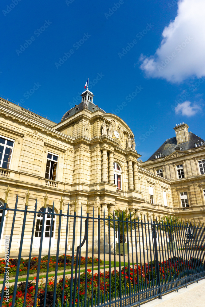 Fototapeta premium Exterior view of Luxembourg Palace in blue sky day in Paris, France