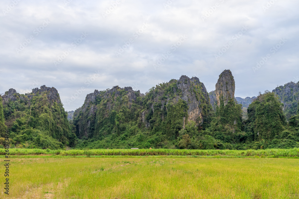 Beautiful limestome mountain range at Ban Mung Village, Noen Maprang District, Phitsanulok, Thailand
