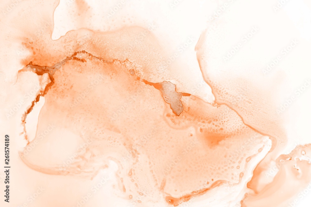 Fototapeta premium Orange alcohol ink texture with abstract washes and paint stains on the white paper background. 