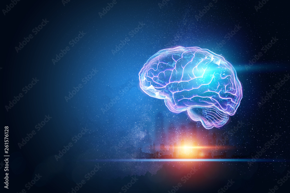 The image of the human brain, a hologram, a dark background. The concept of artificial intelligence, neural networks, robotization, machine learning. 3D illustration, copy space. The image of the human brain, a hologram, a dark background. The concept of artificial intelligence, neural networks, robotization, machine learning. 3D illustration, copy space.