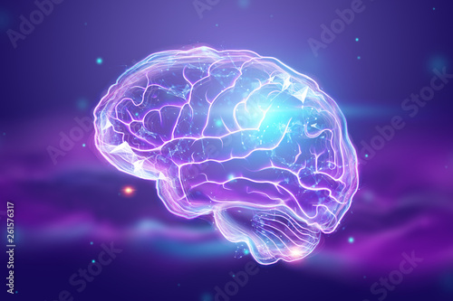 Fototapeta Naklejka Na Ścianę i Meble -  The image of the human brain, a hologram, a dark background. The concept of artificial intelligence, neural networks, robotization, machine learning. 3D illustration, copy space.