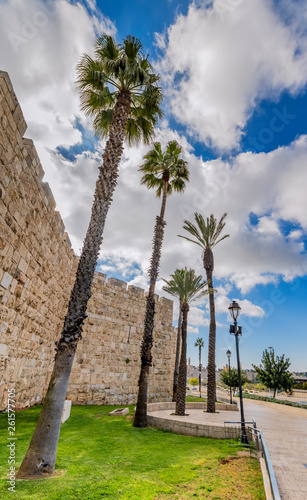 Fortified ancient wall of old Jerusalem holy city, Israel