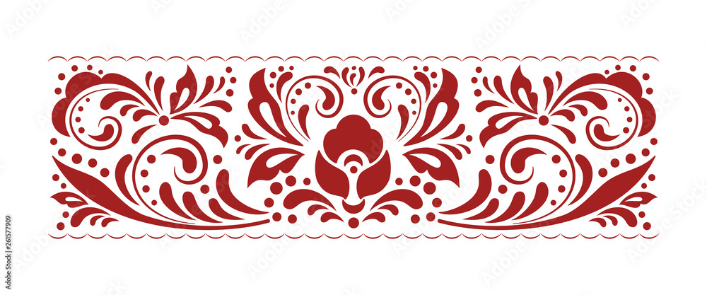 Vintage ornate seamless border pattern in russian traditional folk style. Swirl floral pattern design element set. Ornamental flourish border. Ethnic floral ornament. Isolated vector illustration