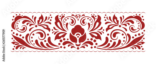Vintage ornate seamless border pattern in russian traditional folk style. Swirl floral pattern design element set. Ornamental flourish border. Ethnic floral ornament. Isolated vector illustration
