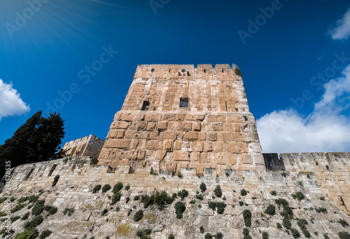 Fortified ancient wall of old Jerusalem holy city, Israel