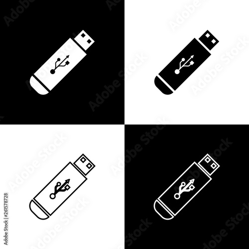 Set USB flash drive icons isolated on black and white background. Line, outline and linear icon. Vector Illustration