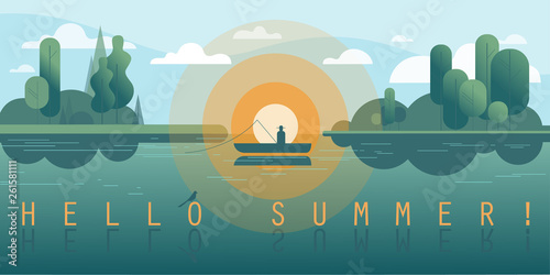 Fisherman in a boat catching fish in the early summer morning. Vector illustration.