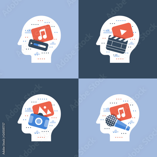 Illustration of creative occupations, make video, song writing, audio editor, photography course