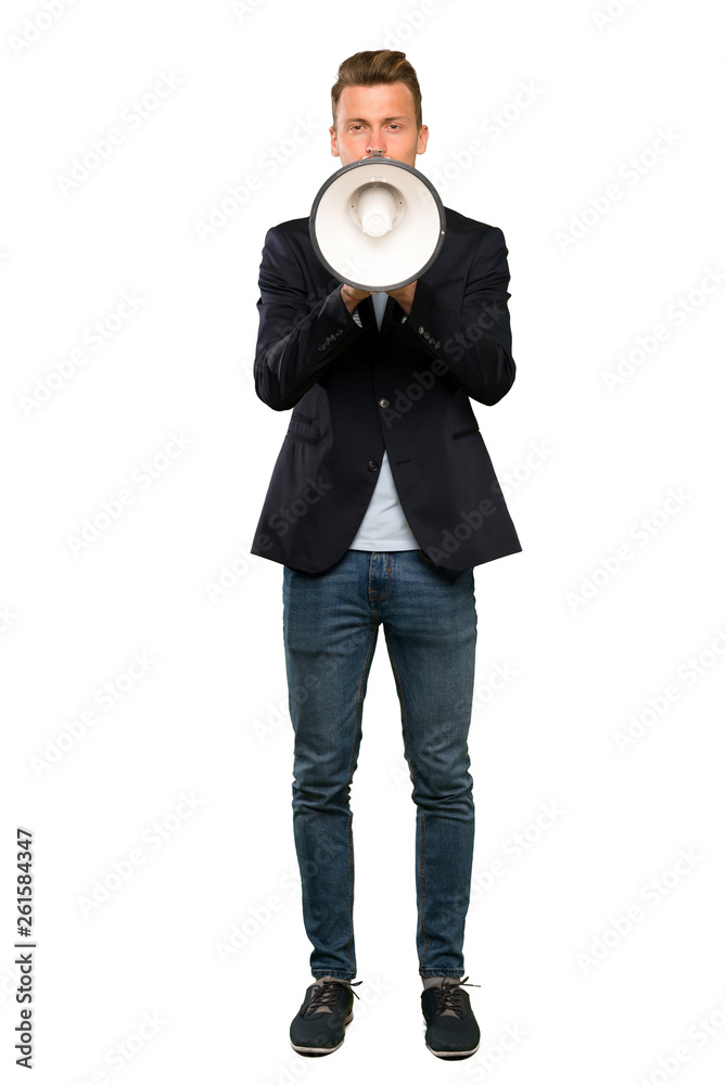 Fototapeta premium Blonde handsome man shouting through a megaphone