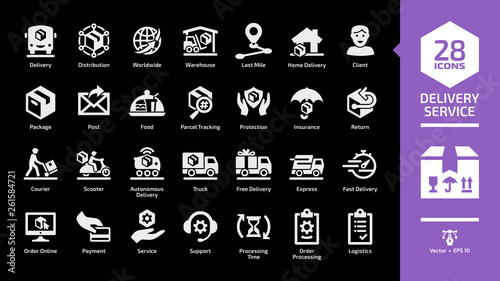 Delivery service glyph icon set on a black background with fast express parcel shipping, quick package courier, cargo lorry truck and van speed transport, online order silhouette symbols.