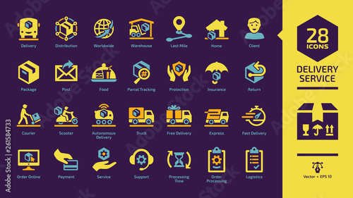 Delivery service yellow glyph icon set on a dark violet background with fast express package shipping, quick courier, cargo truck and van speed transport silhouette pictogram.