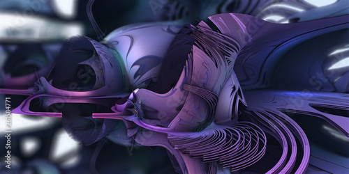 Abstract artwork - 3d illustration, purple oranic geometric shapes. Recursive curves, square shapes arranged into a mosaic of geometry. Smooth reflective surface, graphic resource. fractal artwork