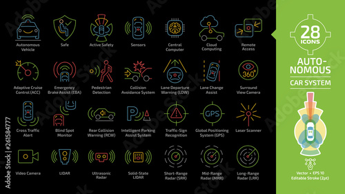 Autonomous self drive car sensor control system editable stroke outline color icon set on a black background with driverless vehicle advanced assistance remote technology line sign.