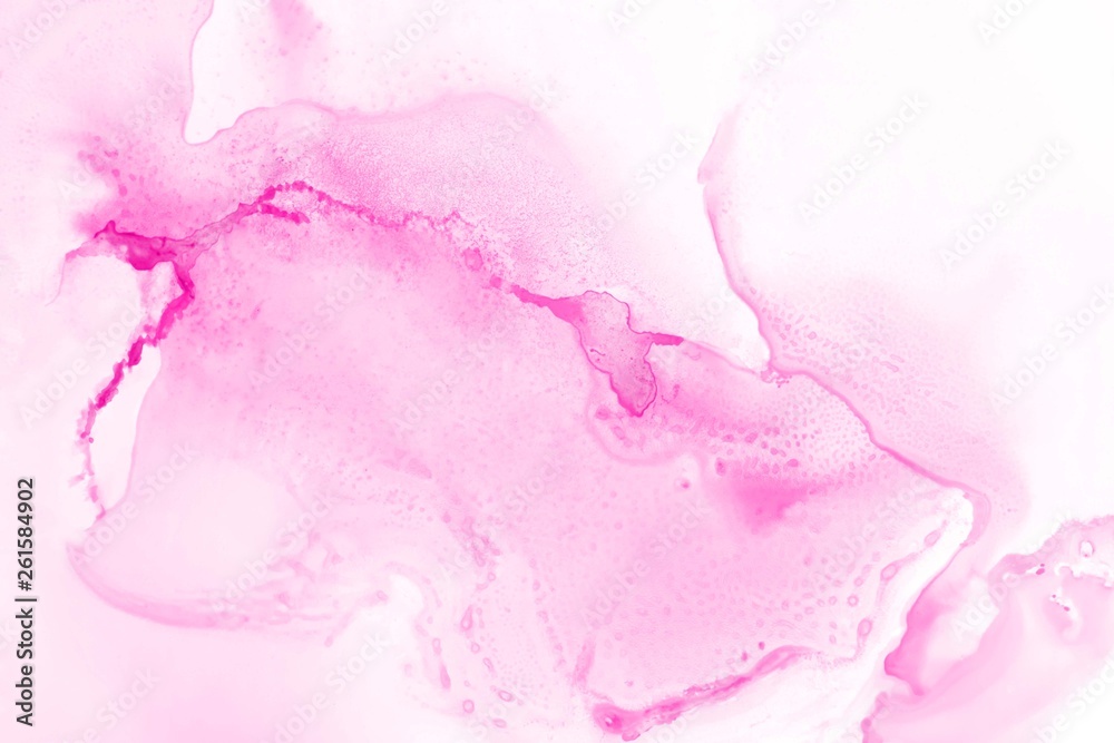 Pink alcohol ink texture with abstract washes and paint stains on the white paper background.	