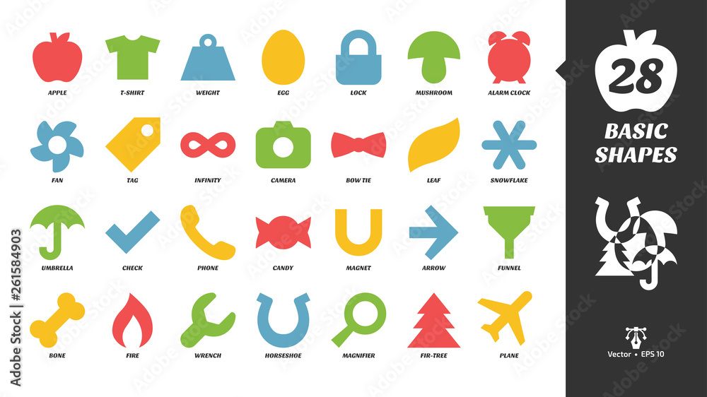 Basic color glyph shapes icon set with simple fill silhouette check, phone, candy, magnet, arrow, funnel, bone, fire, wrench, horseshoe, magnifier, fir tree, plane and more pictogram. Basic color glyph shapes icon set with simple fill silhouette check, phone, candy, magnet, arrow, funnel, bone, fire, wrench, horseshoe, magnifier, fir tree, plane and more pictogram.