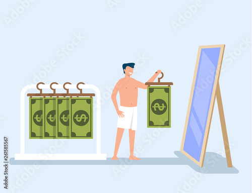 Happy rich businessman milliner man character trying to money cloth in his wardrobe. Wealthy success life style concept. Vector flat cartoon graphic design illustration