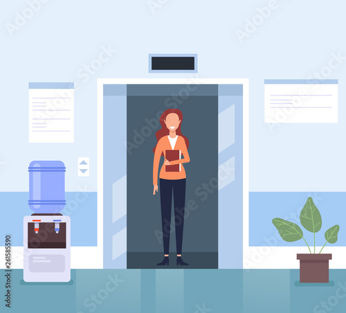 Business woman secretary character waiting elevator in business center hall company. Business life concept. Vector flat cartoon graphic design illustration