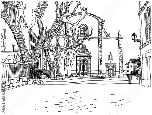Old city square in hand drawn sketch style. Provence, France. Vector illustration. Small European city. Black and white urban landscape on white background	