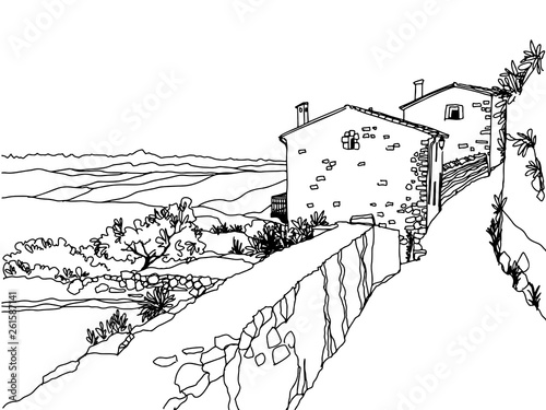 Old street in romantic Provence, France. Romantic street high in the mountains. Black and white urban landscape in hand drawn sketch style. Ink line drawing. Vector illustration on white.