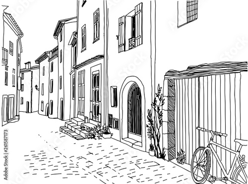 Old street in romantic Provence, France. Urban background in hand drawn sketch style. Ink line drawing. Vector illustration