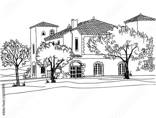 Old square in romantic Provence, France. Urban background in hand drawn sketch style. Ink line drawing. Vector illustration