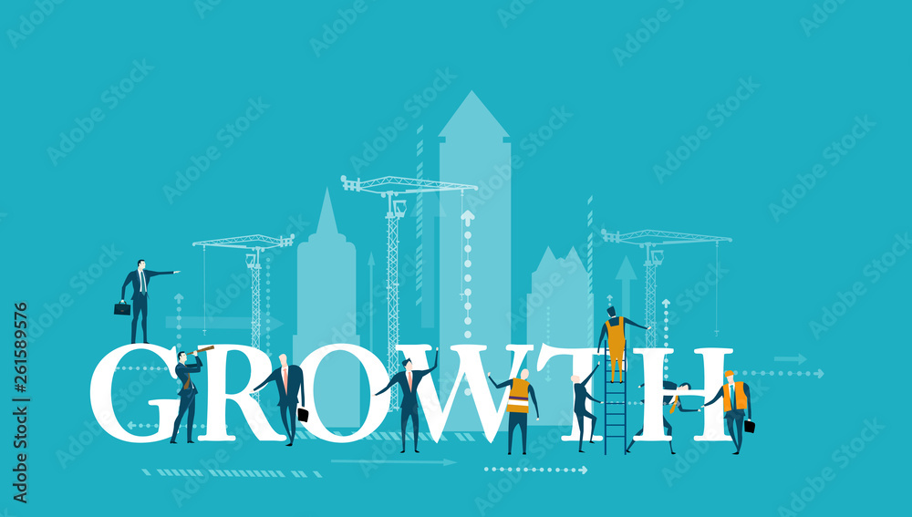 Fototapeta premium Growth sign surrounded by business people working together on progress and successes of company. Business and working together concept illustration.