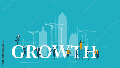 Growth sign surrounded by business people working together on progress and successes of company. Business and working together concept illustration.