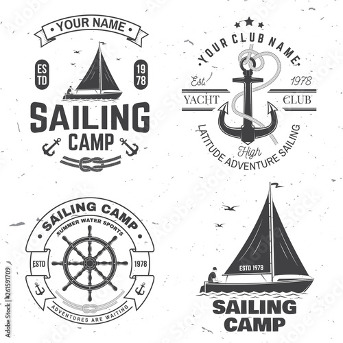 Set of summer sailing camp badge. Vector. Concept for shirt, print or tee. Vintage typography design with black sea anchors and rope knot silhouette. Best Sporting Activity