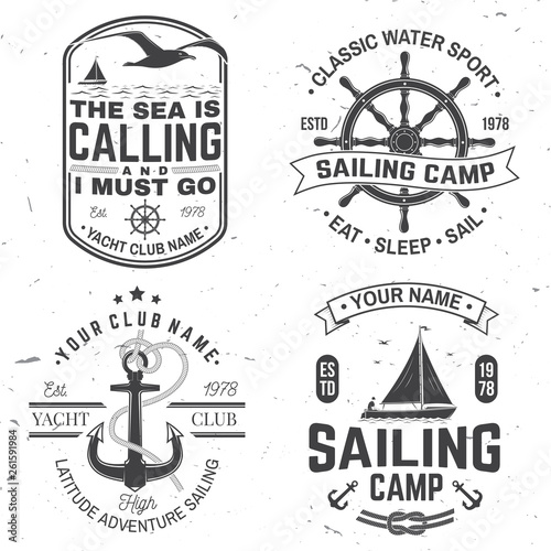 Set of summer sailing camp badge. Vector. Concept for shirt, print or tee. Vintage typography design with black sea anchors and rope knot silhouette. Best Sporting Activity