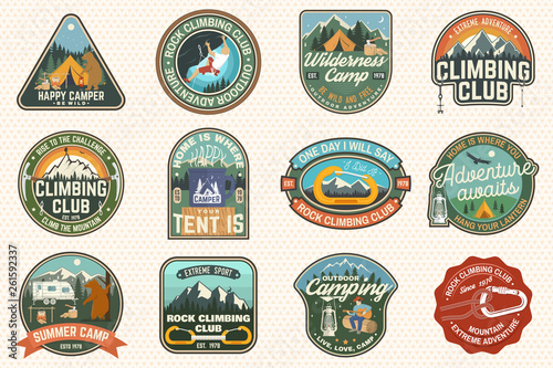 Set of Rock Climbing club and summer camp badges. Concept for shirt or print, stamp, patch or tee. Vintage typography design with camping tent, trailer, camper, climber, carabiner and mountains photo