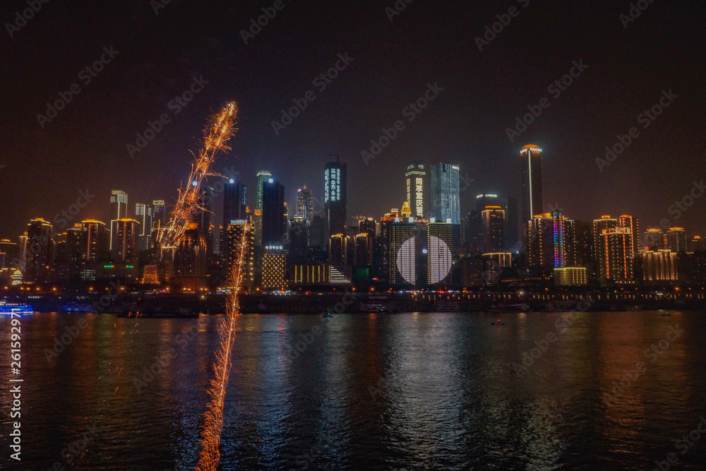 Fireworks in front of downtown Chongqing and the Yangtze River
