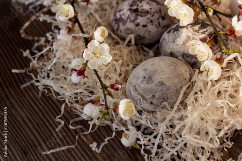 Paschal colored eggs in the nest. Easter decoration