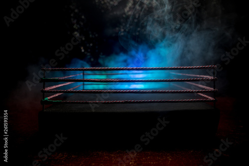 Empty boxing ring with red ropes for match in the stadium arena. Creative artwork decoration © zef art