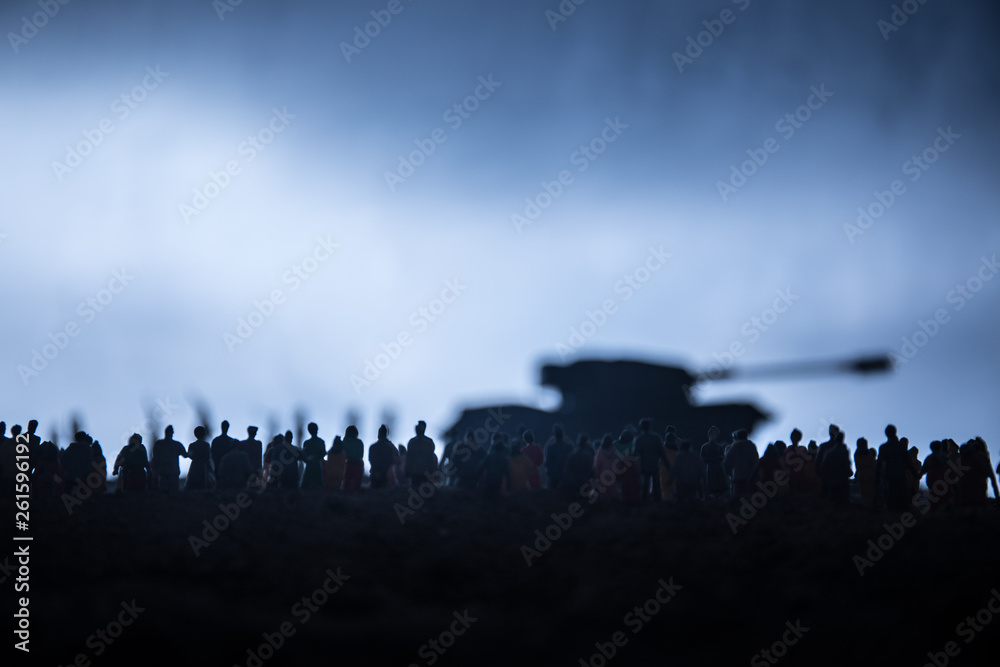 Captured by enemy concept. Military silhouettes and crowd on war fog sky background. World War Soldiers and armored vehicles movement while scared people watching. Artwork decoration.