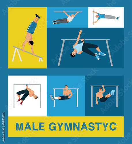 Male gymnast banner vector illustration. Competitive gymnastic. Horizontal bar. Parallel bars. Balance beam. Athlete man poster. Exercising men in different poses.