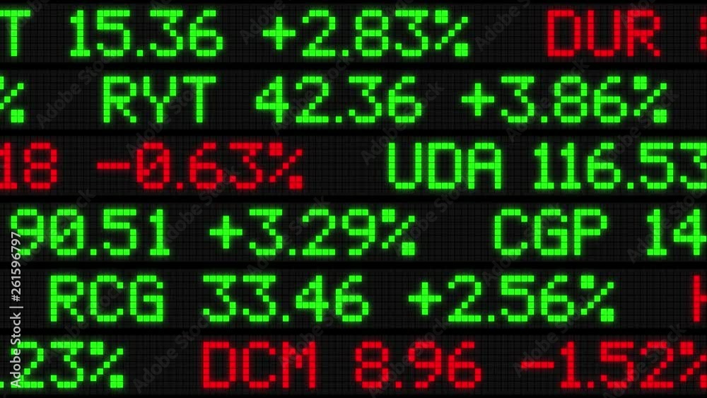 Stock market ticker scrolling animation, all fictional data