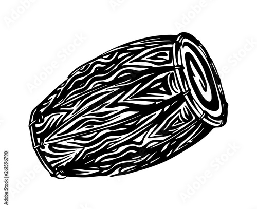 Hand drawn traditional drum outline sketch. Vector black ink drawing dholak or gendang isolated on white background. Graphic illustration photo