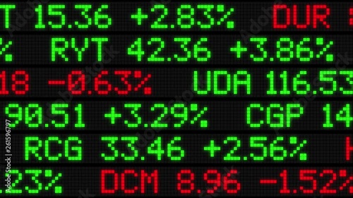 Stock market ticker scrolling animation, all fictional data