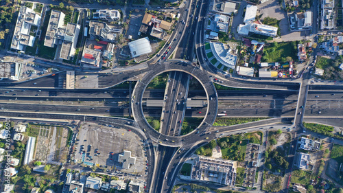 Aerial drone photo of multilevel highway junction urban ring crossing road during rush hour