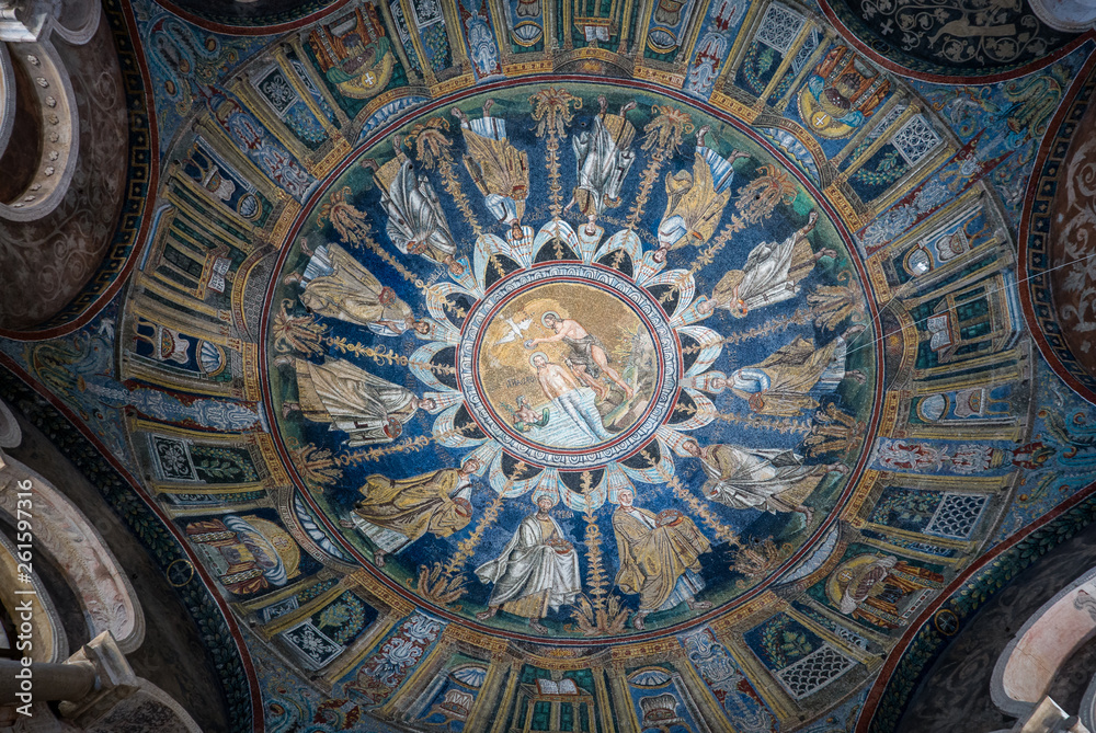 Mosaic of the ceiling of the Baptistery of the Orthodox (or Neoniano) in Ravenna. Italy..