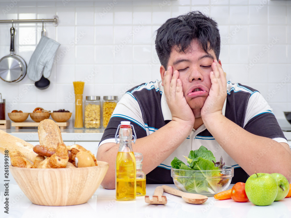 fat man try to eat healthy food fat man try to eat healthy food
