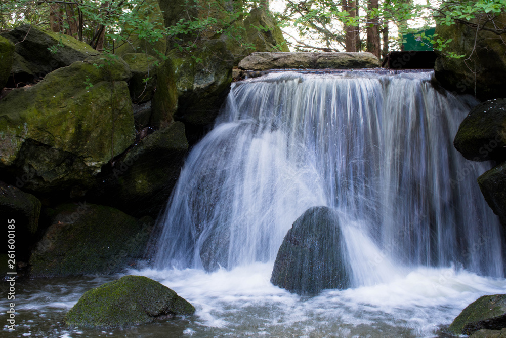 Calm scenery with waterfall, water falling over the rocks in forest Calm scenery with waterfall, water falling over the rocks in forest