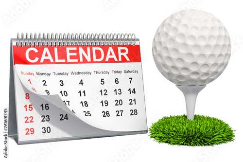 Golf ball with calendar, golf events calendar concept. 3D rendering