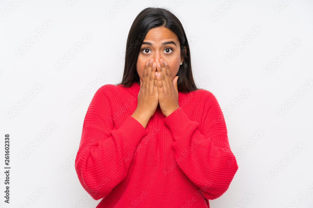 Young Colombian girl with glasses with surprise facial expression Young Colombian girl with glasses with surprise facial expression