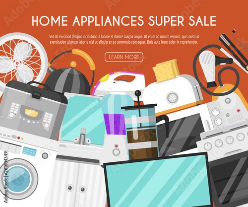 Appliances online store banner vector illustration. Kitchen and home equipment for house. Washing machine, vacuum cleaner, microwave oven, kettle, TV set, toaster, iron, fan.