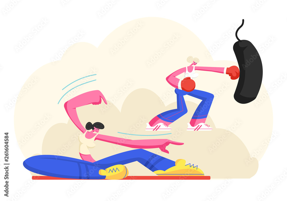 Obraz premium Young Girls in Sports Wear Training in Gym, Female Characters Stretching Body on Pilates Class and Boxing Punching Bag