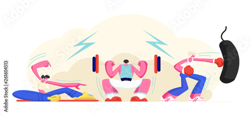 People Exercising in Gym. Powerlifting Man Squatting with Weight, Girl Doing Sport Fitness or Crossfit Training, Boxing Woman Bodybuilding Workout, Healthy Lifestyle. Cartoon Flat Vector Illustration