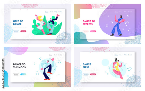 Set of Dancing People on Disco Party. Young Male and Female Characters Dance and Moving Body in Music. Hobby, Leisure Sparetime Website Landing Page, Web Page. Cartoon Flat Vector Illustration, Banner