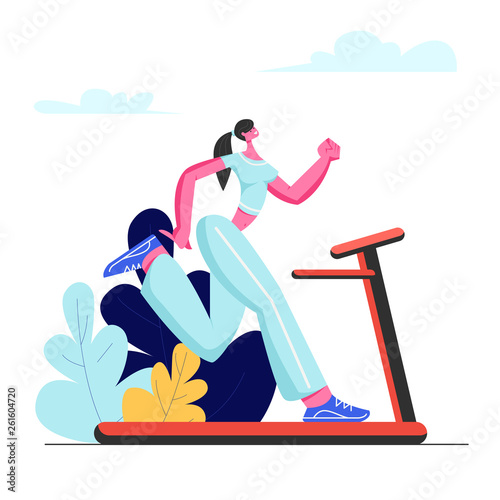 Beautiful Woman Running on Treadmill. Athletic Young Girl in Sportswear Exercising on Treadmill to be Slim. Outdoor Fitness and Healthy Lifestyle. Active Sport Life Cartoon Flat Vector Illustration